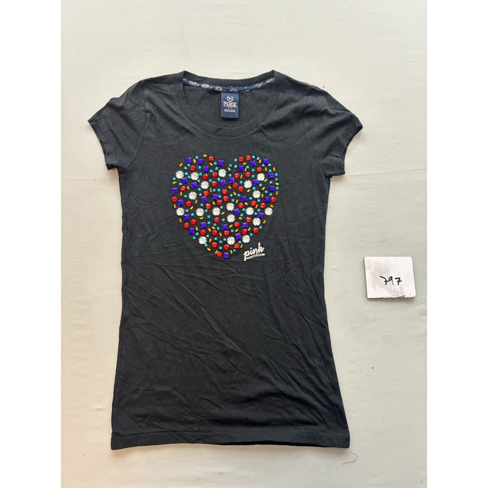 Victorias Secret PINK Black Rhinestone Heart Graphic T-Shirt Small Short Sleeve